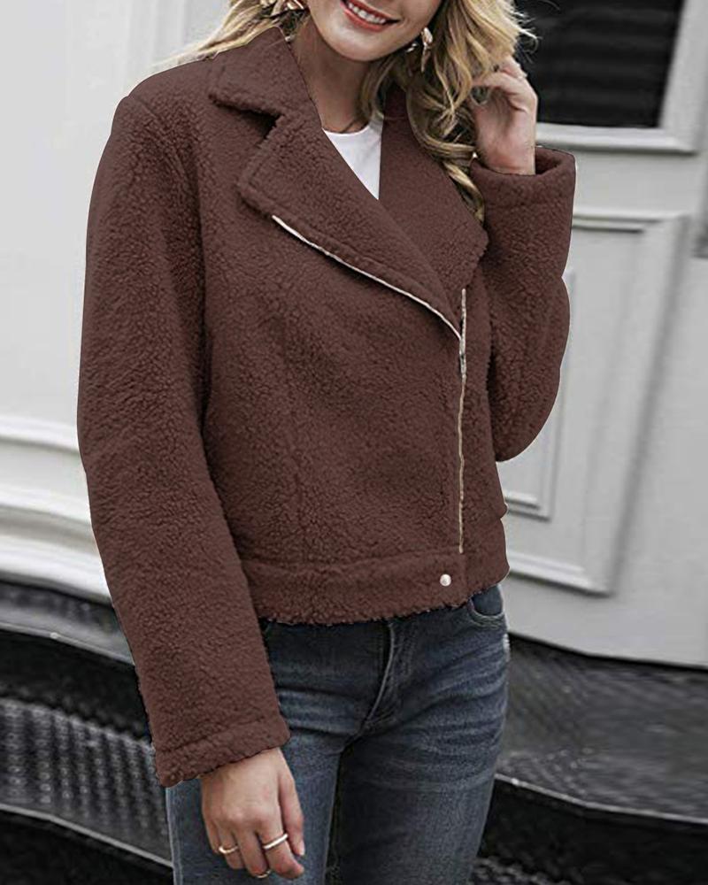 

Solid Notched Collar Zipper Design Fluffy Coat, Coffee