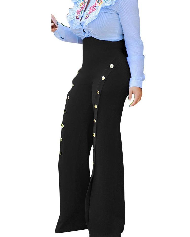 

High Waist Buttoned Split Wide Leg Pants, Black