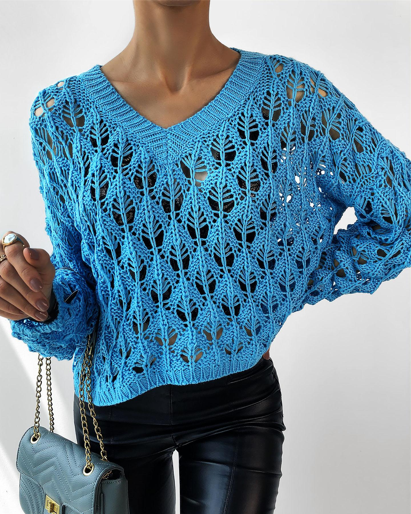 

Hollow Out Long Sleeve Casual Sweater, Blue