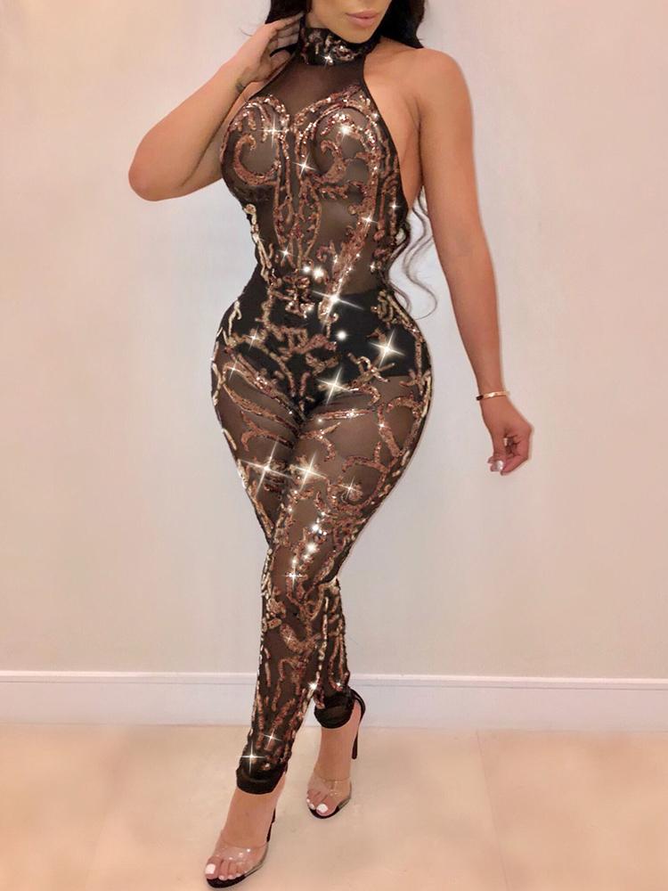 

Sheer Mesh Backless Sequin Jumpsuit, Gold