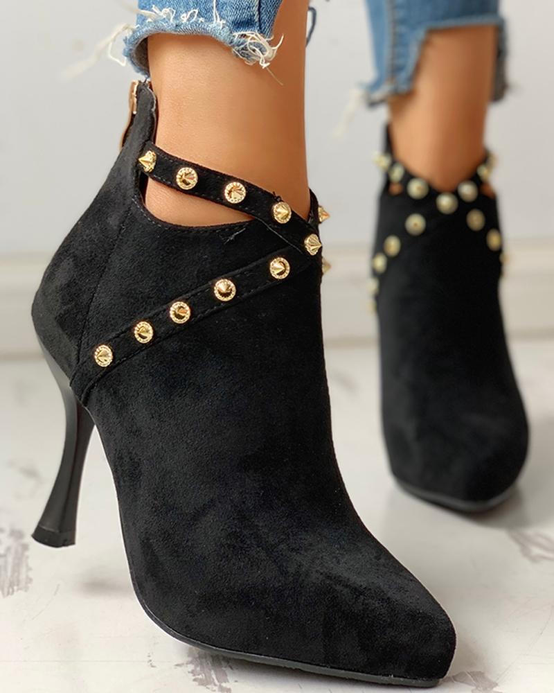 

Rivet Embellished Thin Heeled Ankle-Boots, Black