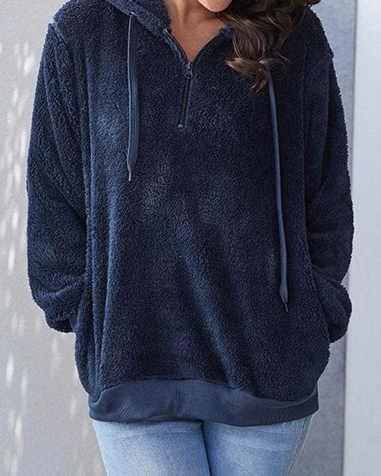 

Fluffy Pocket Zipper Design Hooded Sweatshirt, Blue