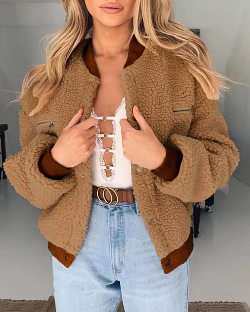

Solid Pocket Design Fluffy Teddy coat, Khaki
