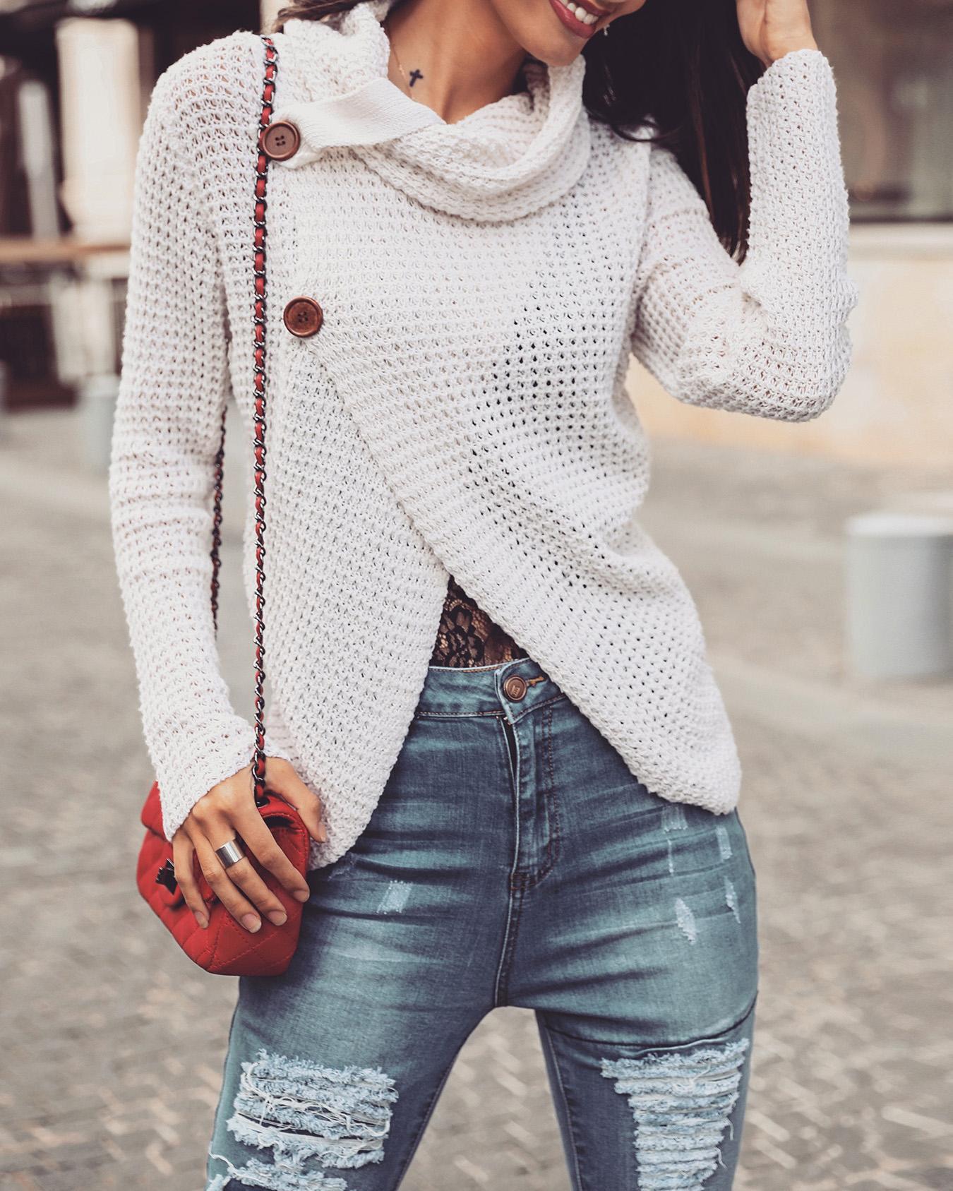 

Solid Long Sleeve Heap Neck Irregular Sweaters, Beige