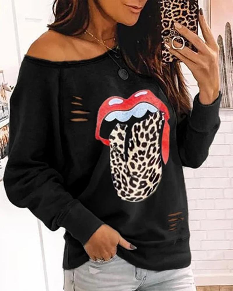 

Skew Neck Mouth Print Ripped Blouse, Black