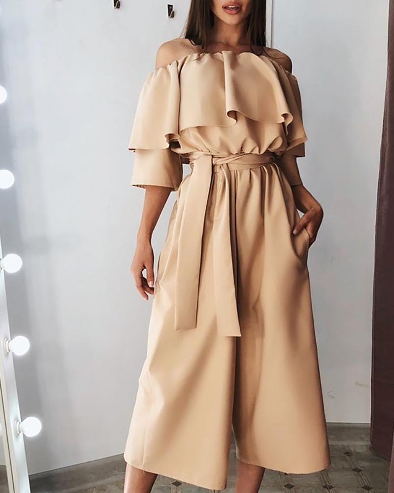 

Off Shoulder Ruffles Wide Leg Jumpsuit, Khaki