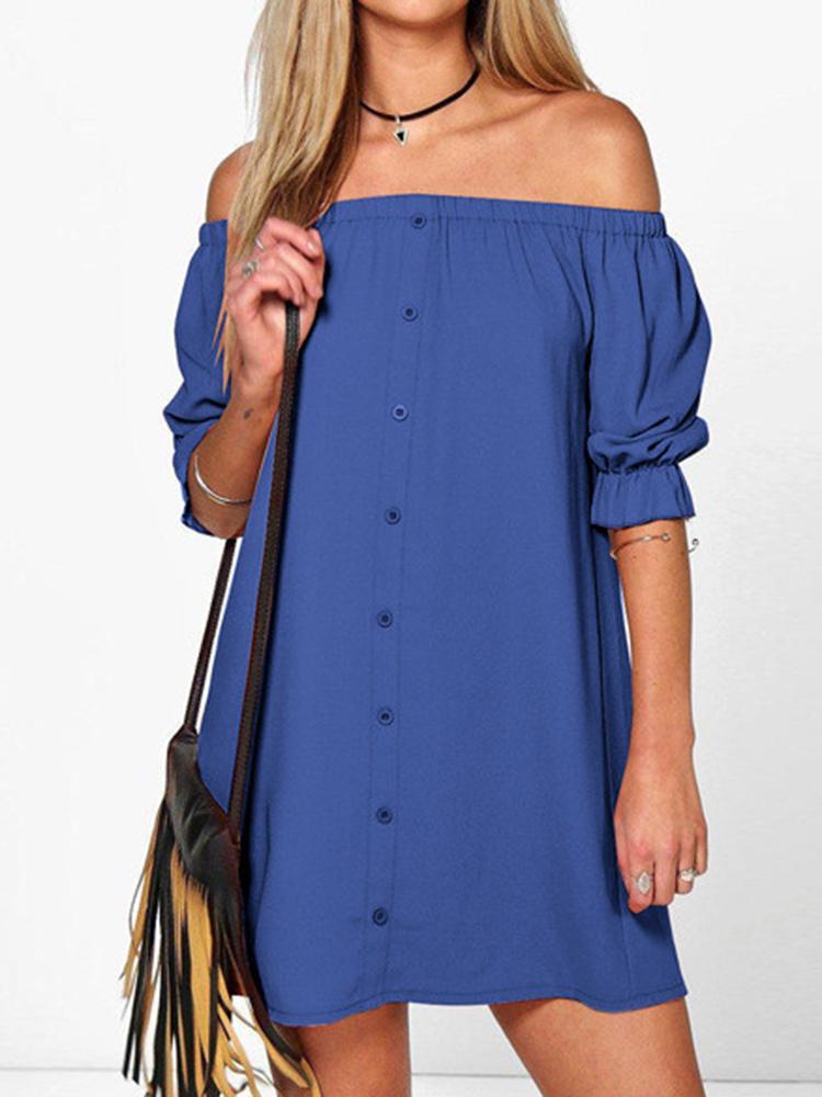 

Hot Sale Sexy Off Shoulder Elastic Neck Buttons Short Sleeve Loose Casual Dress, Black