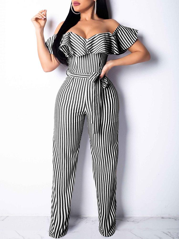 

Off Shoulder Striped Ruffles Design Jumpsuit