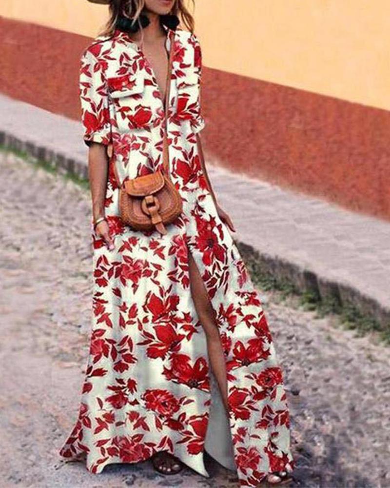

Bohemian Print Button Up Shirt Maxi Dress, Red