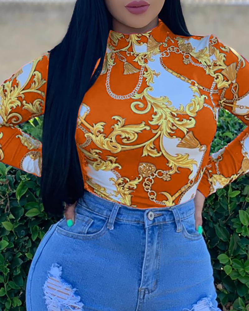 

Retro Print Long Sleeve Blouse, Orange