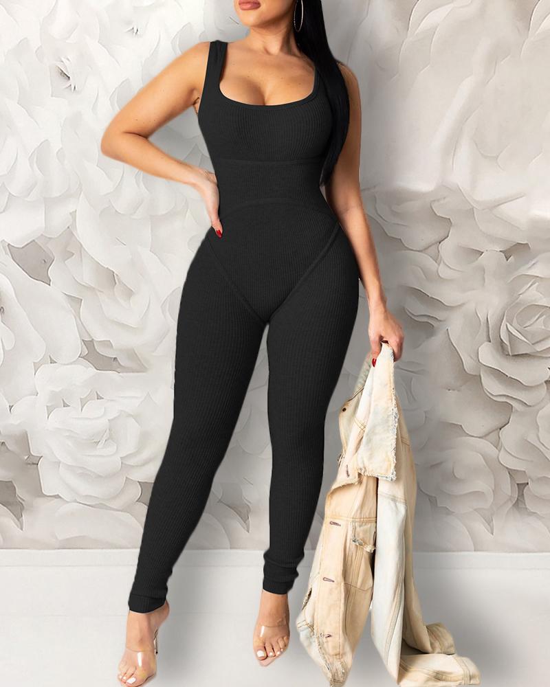 

Solid U-neck Thick Strap Jumpsuit, Black
