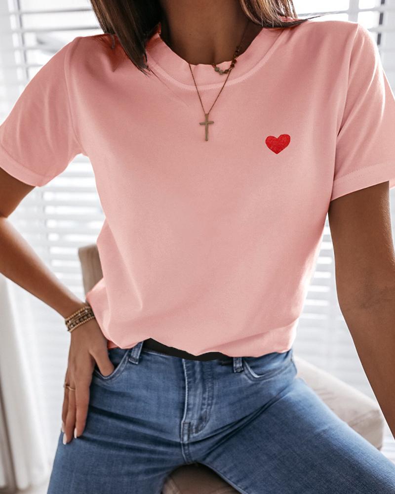 

Heart Pattern Embroidery Casual T-shirt, Pink