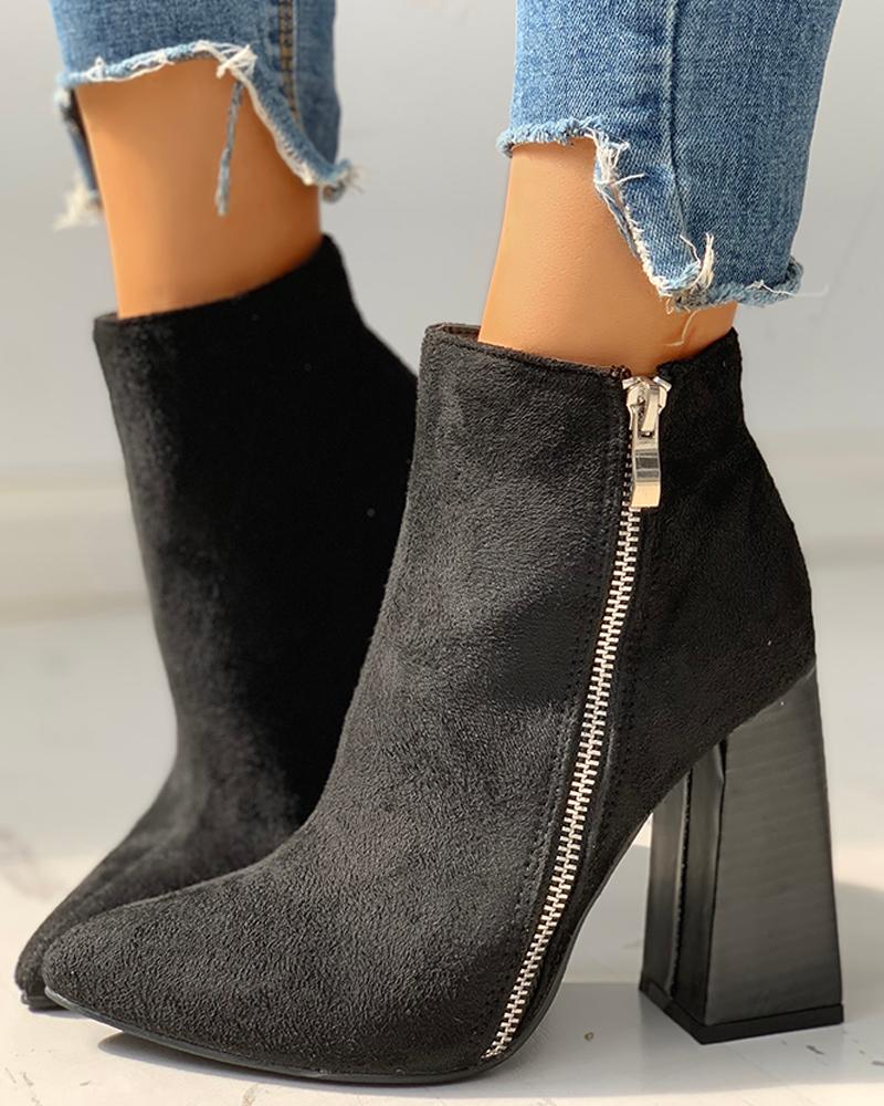 

Velvet Zipper Design Chunky Heeled Ankle-Boots, Black