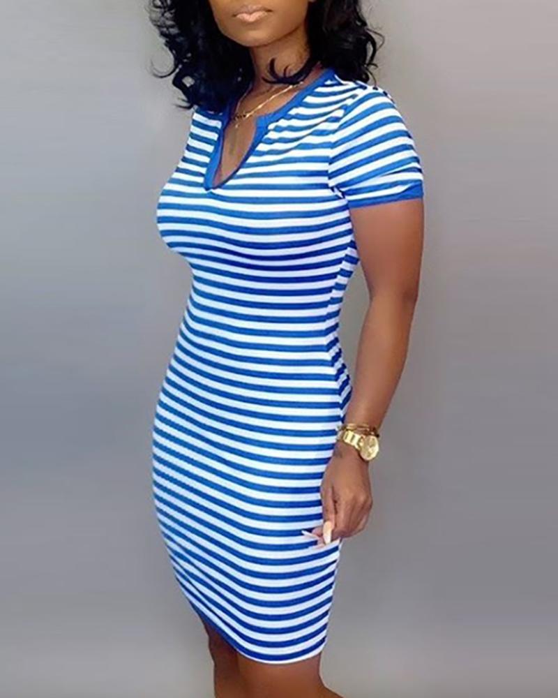 

V Neck Striped Bodycon Dress, Blue