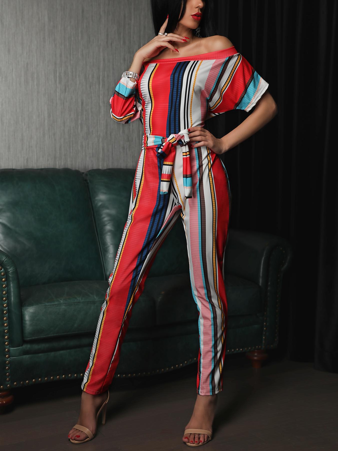 

Stylish Colorful Striped Belted Slinky Jumpsuit, Red