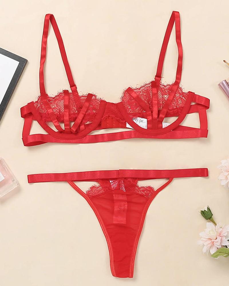 

Eyelash Lace Sheer Mesh Bra Sets, Red