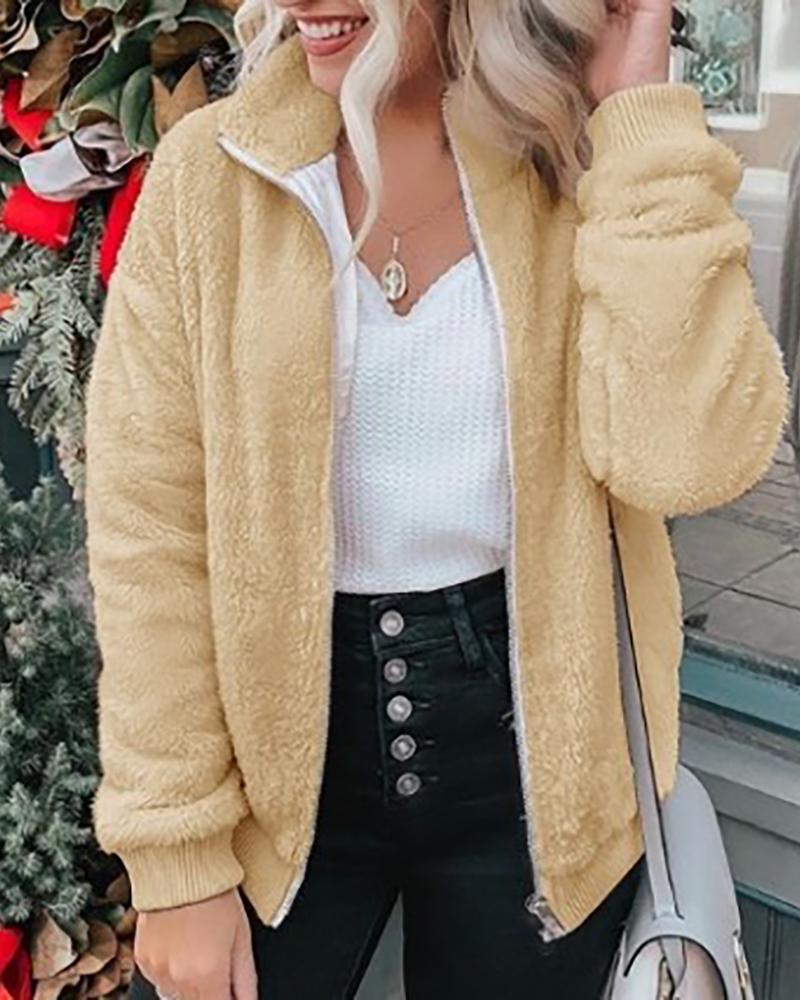 

Turn-down Collar Zipper Design Casual Fluffy Coat, Yellow