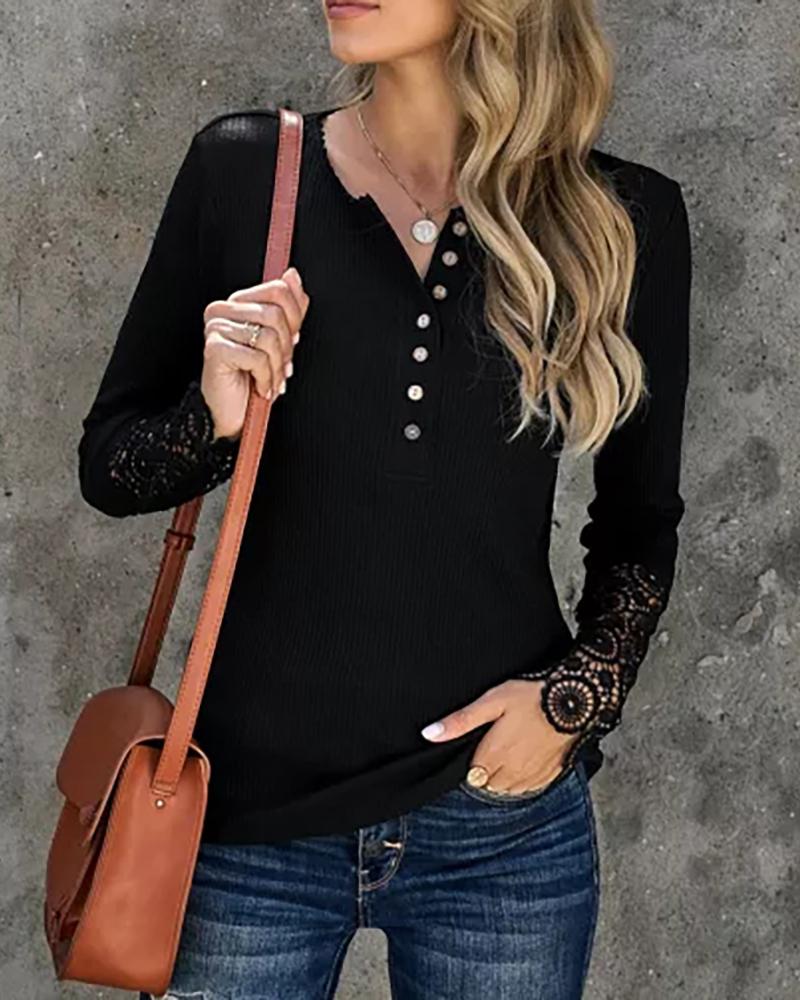 

Long Sleeve Button Front Crochet Lace Top, Black