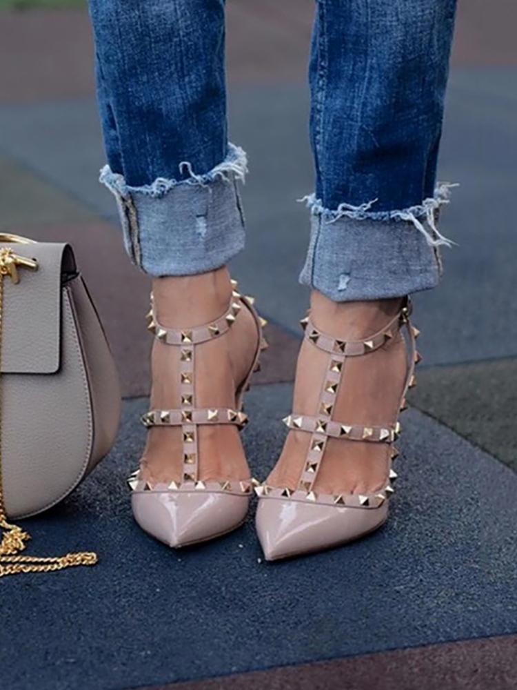 

Rivet Caged Ankle Strap Pointed Toe Heels, Beige