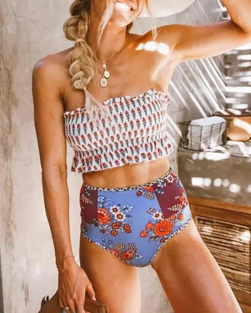 

Bandeau Floral Print Shirring Design Frill Hem Tankini Set, Wine red