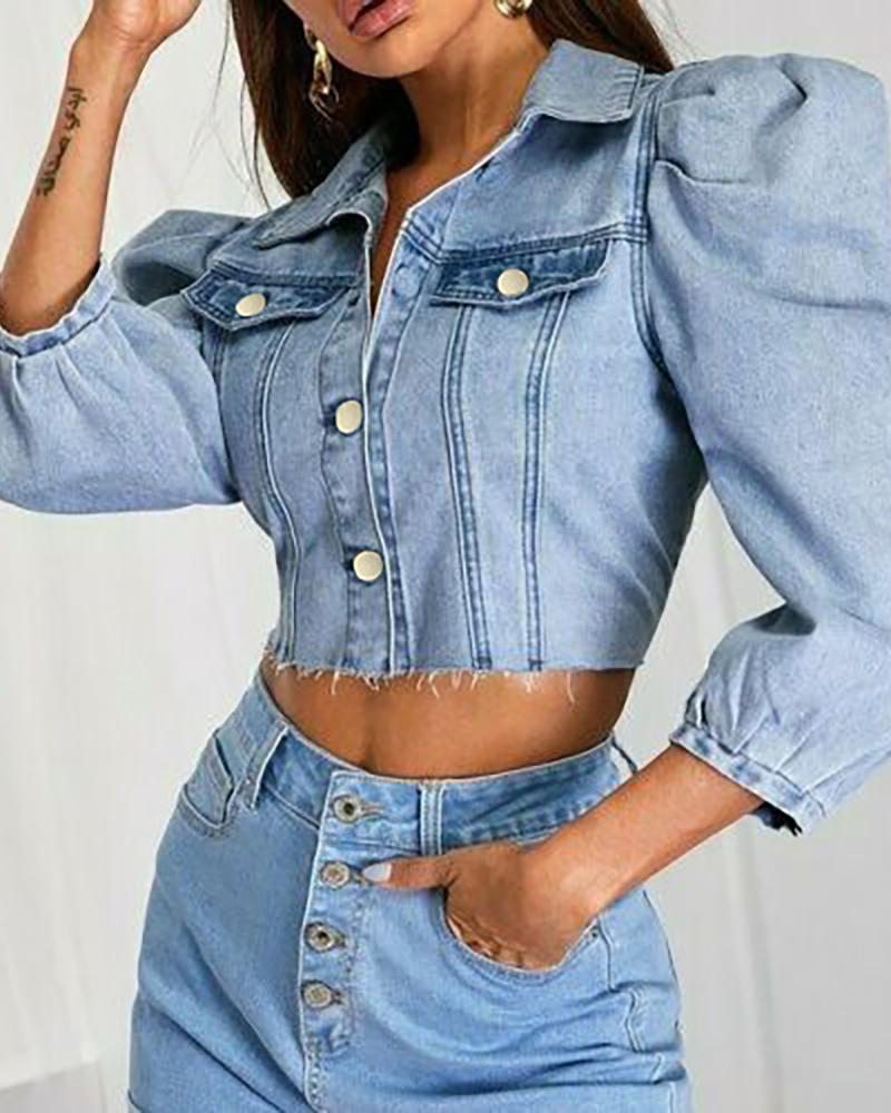 

Puffed Sleeve Pocket Design Denim Jacket, Blue