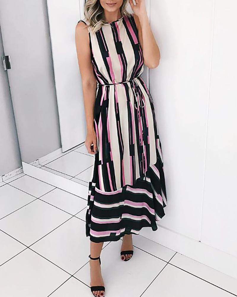 

Colorful Striped Sleeveless Casual Dress, Beige