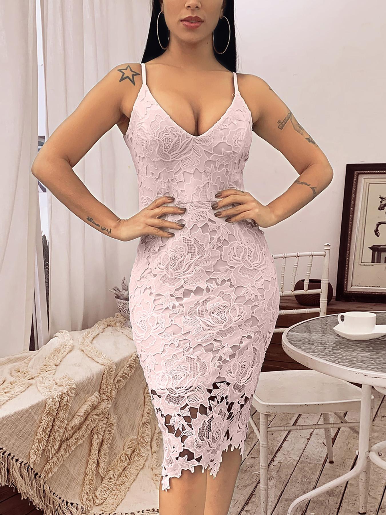 

Guipure Lace Overlay Bodycon Slip Dress, Pink