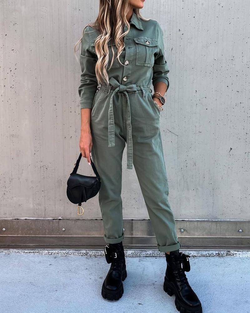 

Cowboy Long Sleeve Skinny Waist Jumpsuit, Army green