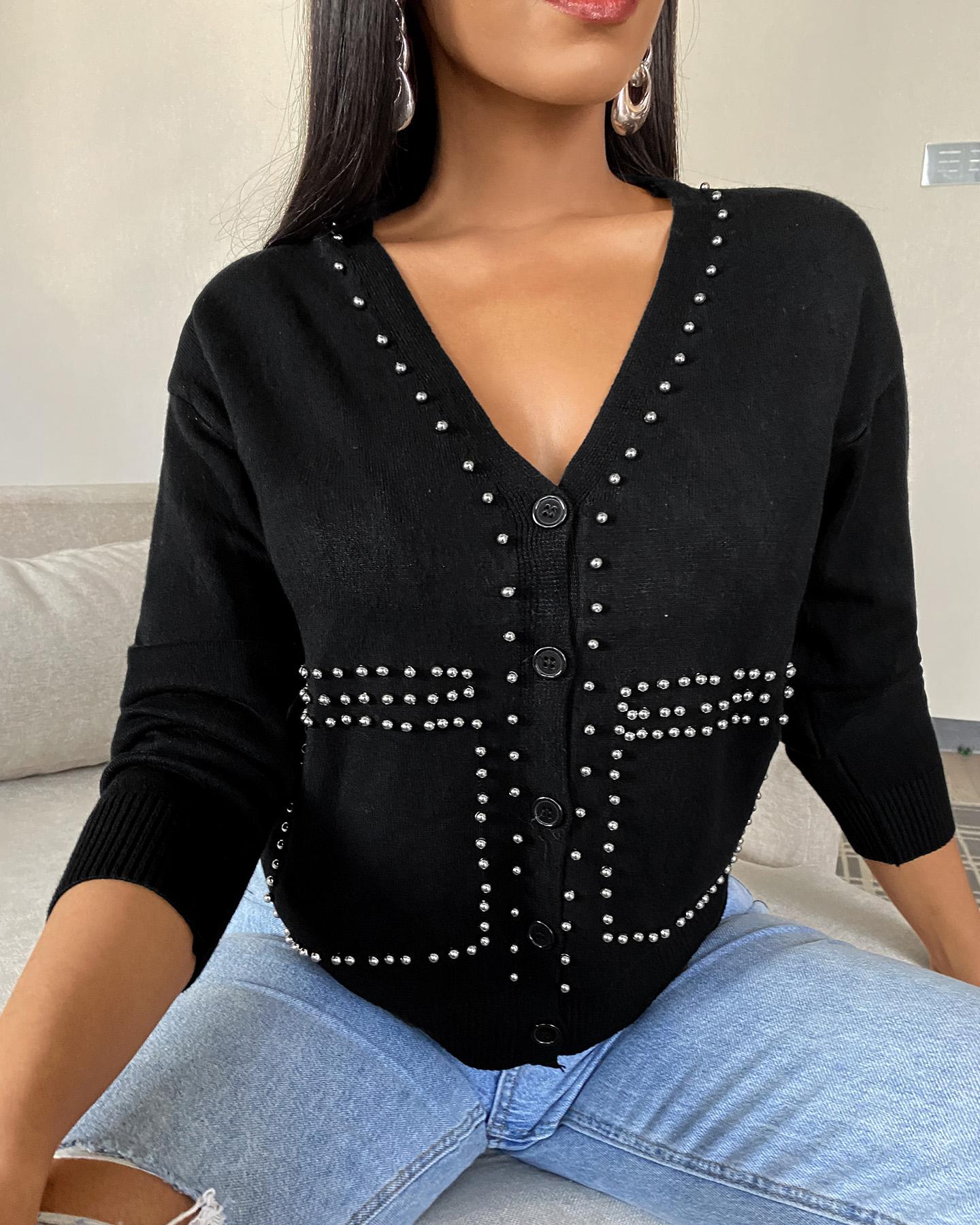

Button Design Studded Long Sleeve Knit Cardigan, Black