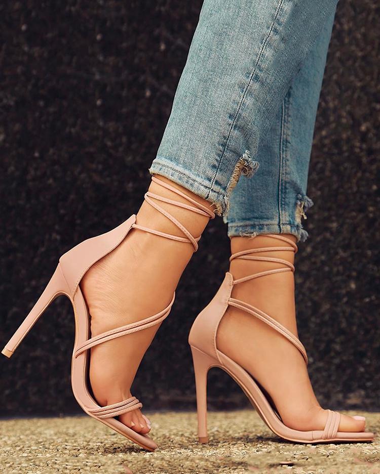 

Stylish Lace Up Peep Toe Heeled Sandals, Beige;pink;black
