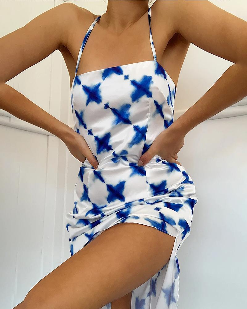 

Spaghetti Strap Tie Dye Print Lace-up Back Slit Irregular Dress, Blue