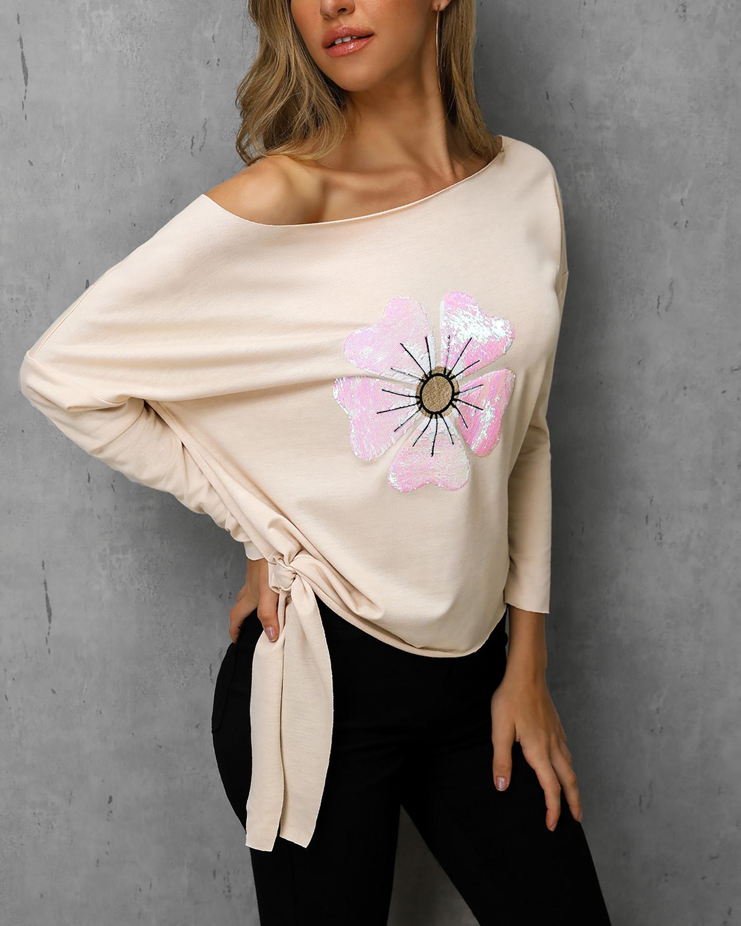 

One Shoulder Sequins Long Sleeve Pullover