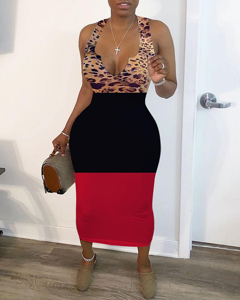 

Cheetah Print Colorblock Plunge Dress, Black