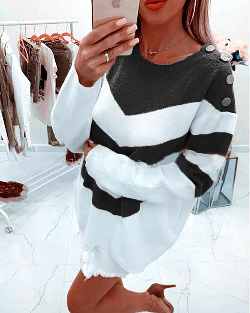 

Colorblock Striped Long Sleeve Sweater, Black