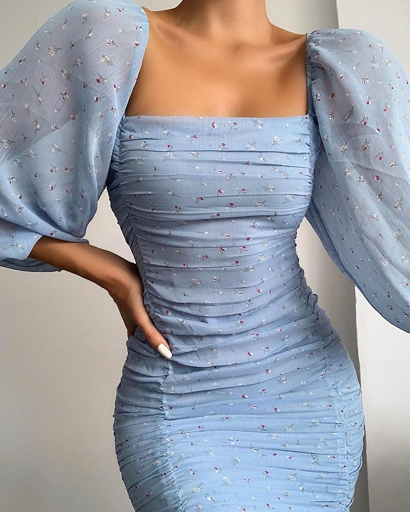 

Puff Sleeve Floral Print Ruched Dress, Blue