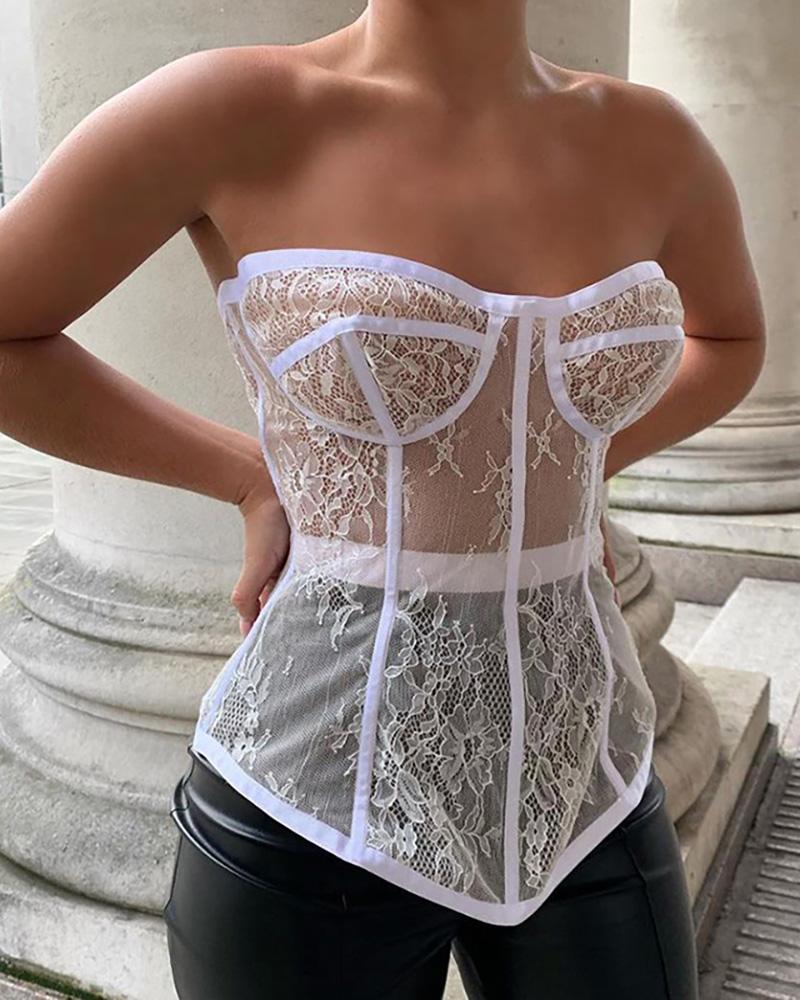 

Bandeau Lace Sheer Mesh Corset Top, White