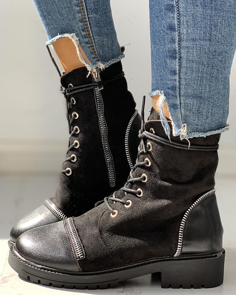 

Suede Patchwork Lace-Up Casual Boots, Black