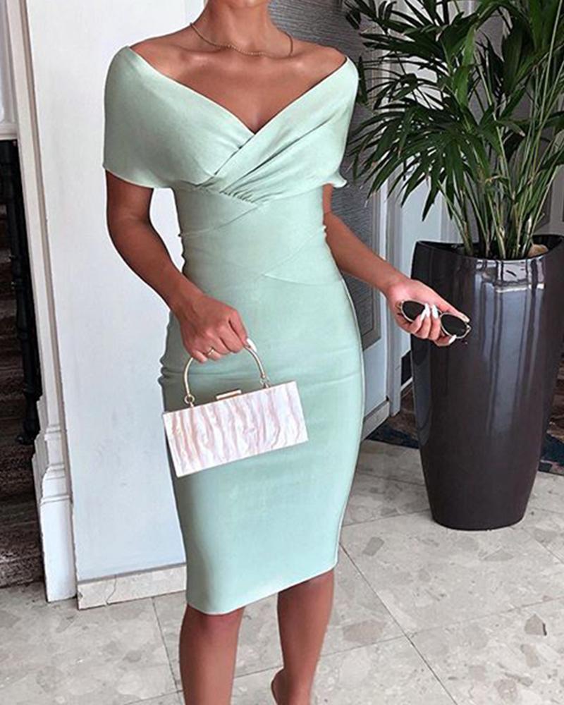 

V-Neck Off Shoulder Fashion Bodycon Midi Dress, Green