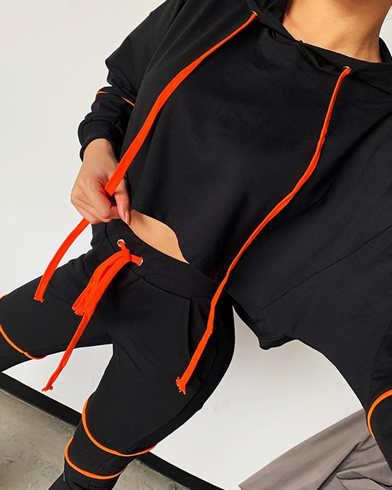 

Colorblock Drawstring Hooded Top & Pants Set, Black