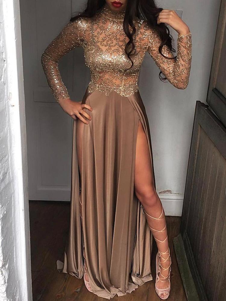 

Sequins High Slit Gown Cocktail Party Maxi Dress, Gold