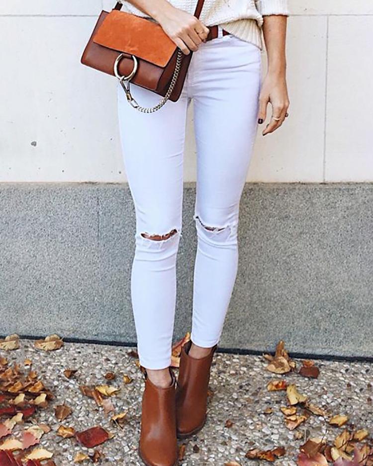 

High Waist Cutout Knee Denim Pants