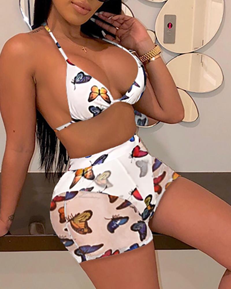

Butterfly Print Halter Sheer Mesh Bra Set, White