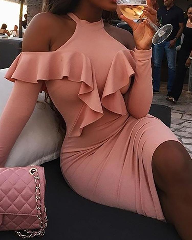 

Frilled Cold Shoulder Long Sleeve Bodycon Dress, Pink