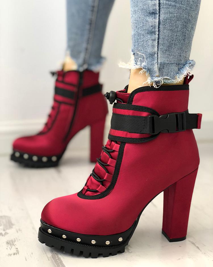 

Rivet Embellished Lace-Up Chunky Thin Boots, Red