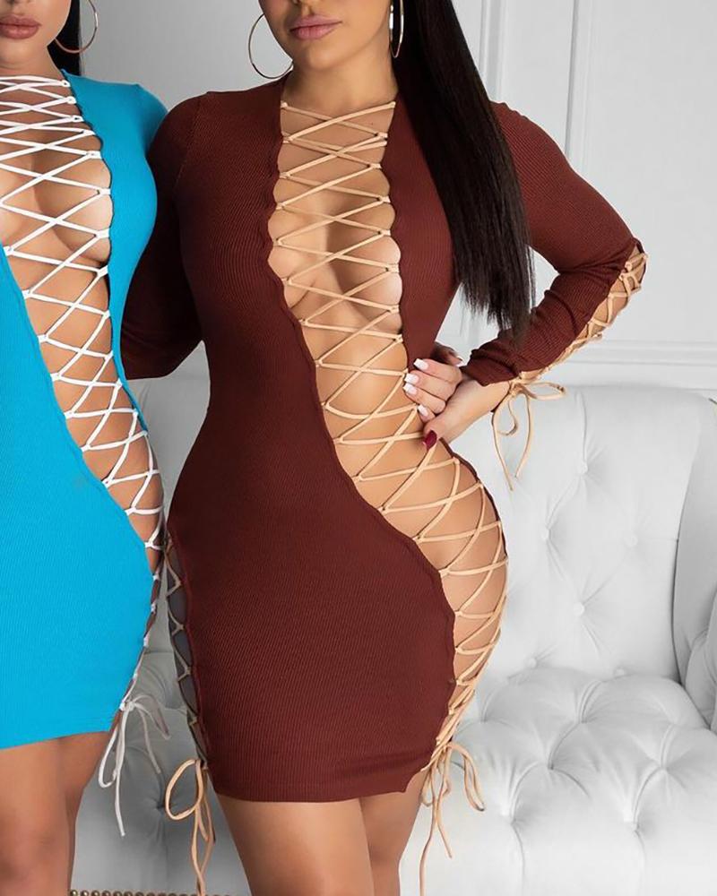 

Lace-up Cutout Bodycon Dress, Brown