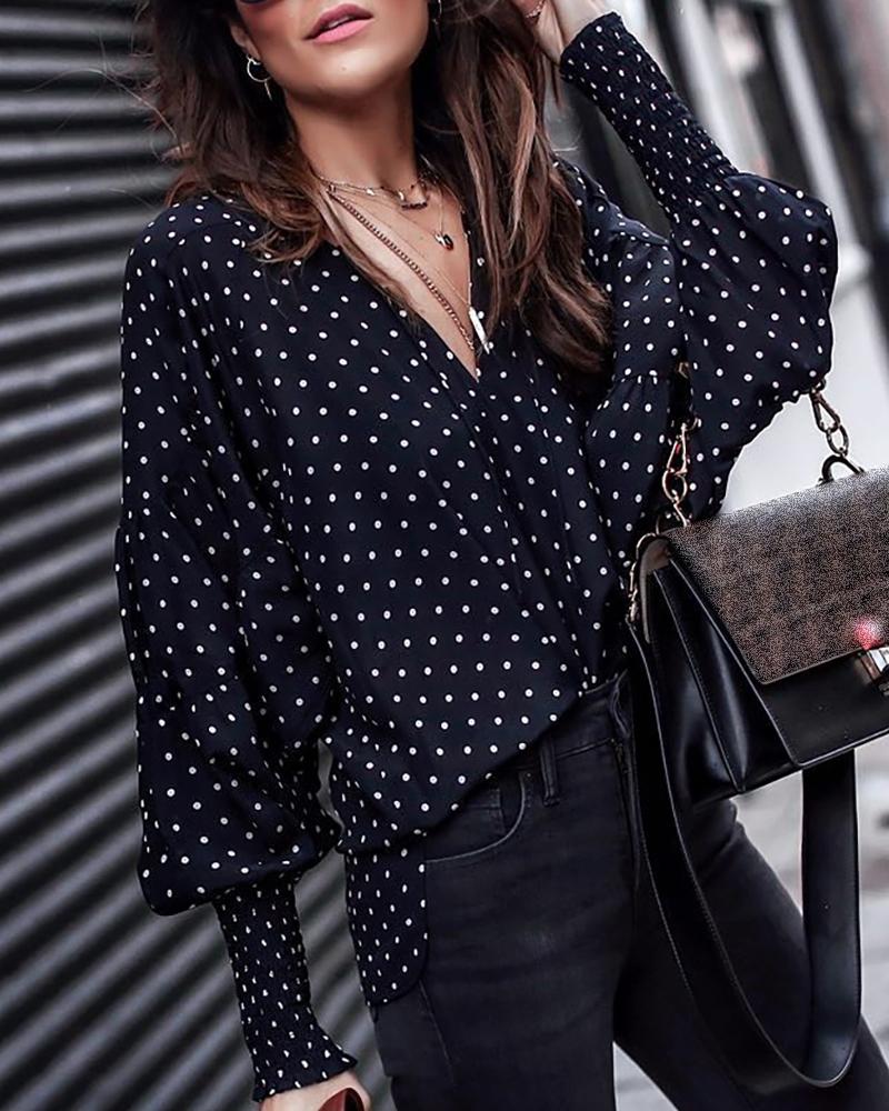 

Dot Lantern Sleeve Casual Shirt, Black