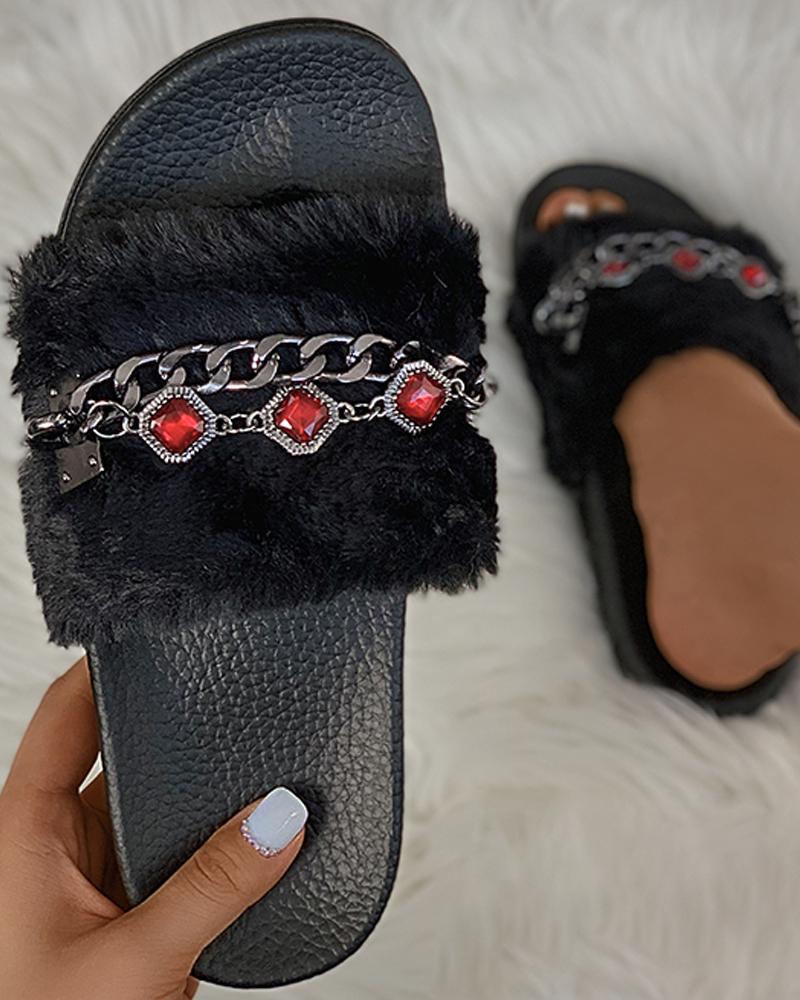

Rhinestone Chain Strap Fluffy Slippers, Red