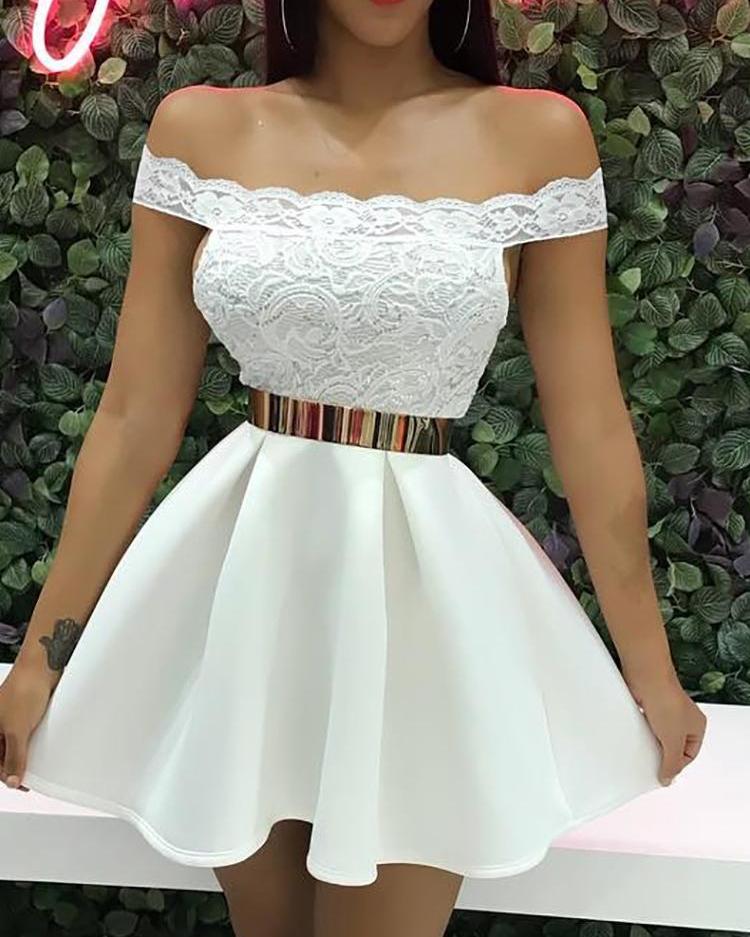 

Off Shoulder Lace Splicing Pleated Dress, White
