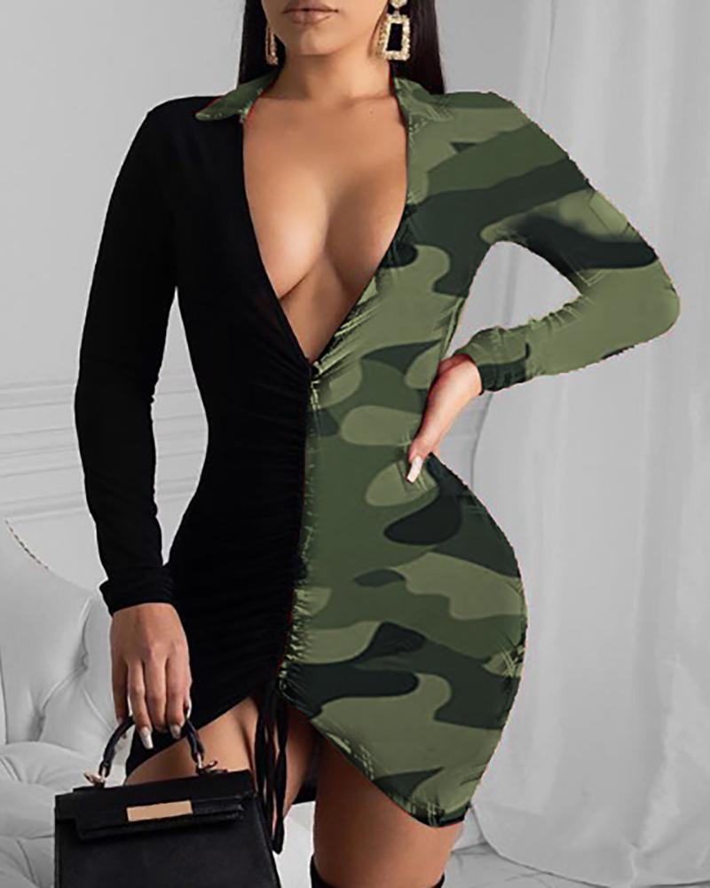 

Camouflage Print Colorblock Bodycon Dress, Army green