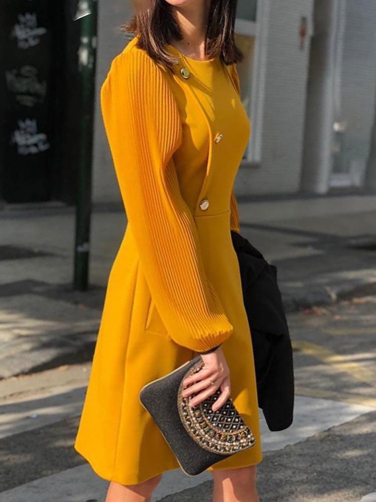 

Lantern Ruched Sleeve Insert Buttoned Dress, Yellow